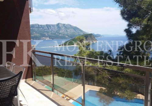 Luxuriöse Eigentumswohnung, Apartment, 120m2, oberhalb vom Mogren - Strand, in Budva, Montenegro, mit unverbaubarem Meerblick und großen Swimmingpool.
